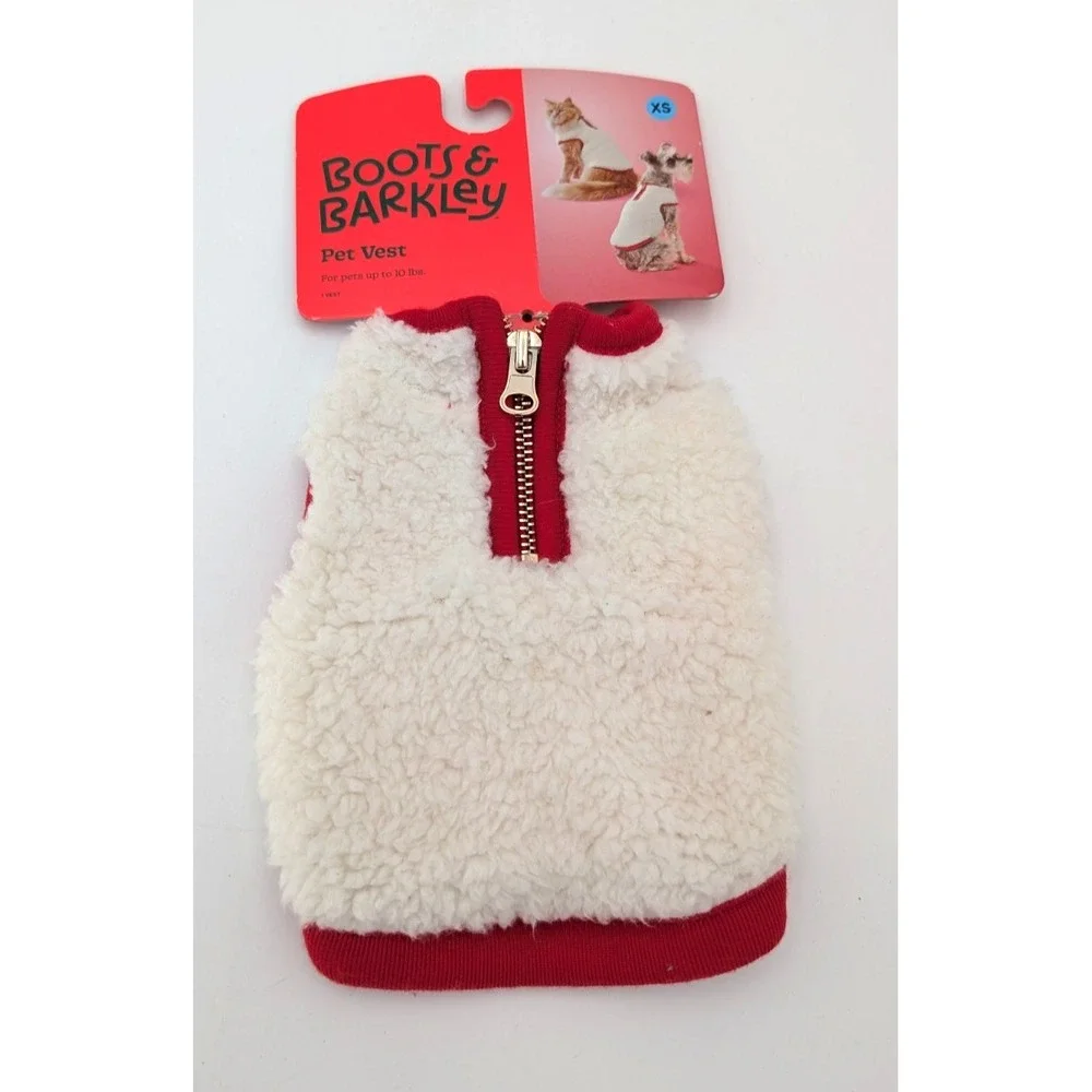 Boots & Barkley Pet Vest XS Cream Sherpa Fleece Red Trim Quarter Zip Dog Jacket